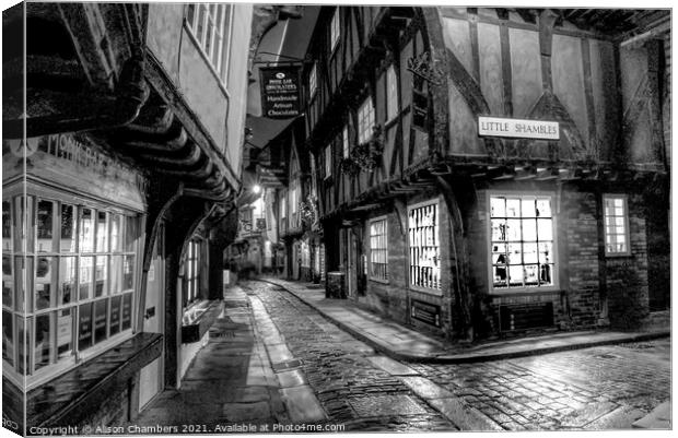 York Shambles in Black and White Canvas Print by Alison Chambers