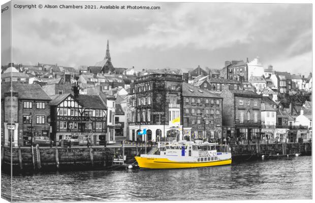 Whitby Harbour Yellow boat, North Yorkshire Coast  Canvas Print by Alison Chambers