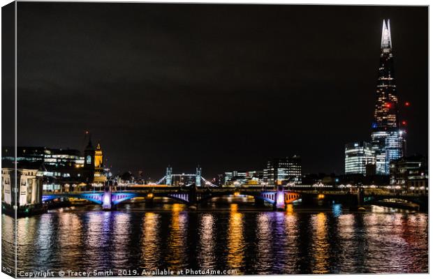 London at Night from Waterloo Bridge Canvas Print by Tracey Smith