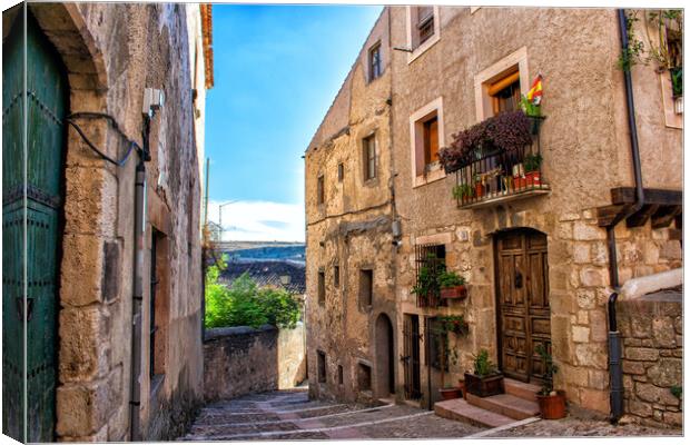 medieval city street with stone buildings Canvas Print by David Galindo