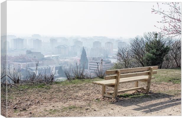 empty wooden bench in spring park over the city Canvas Print by David Galindo