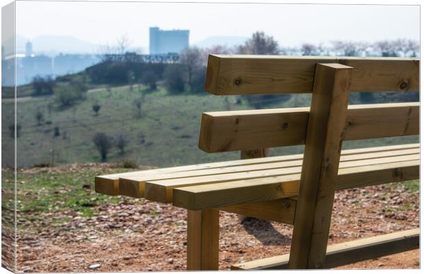close empty wooden bench in spring park over the city Canvas Print by David Galindo