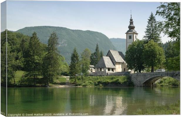 Church by Lake Bohinj Canvas Print by David Mather