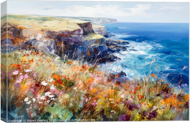 Cliffs Sea and Wild Flowers Four Canvas Print by Robert Deering