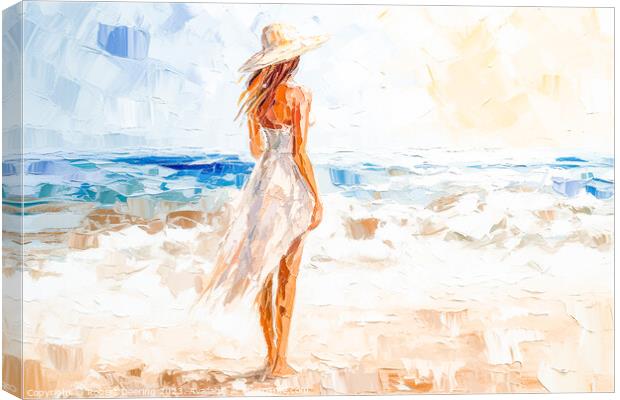 Girl On Beach With Hat Canvas Print by Robert Deering