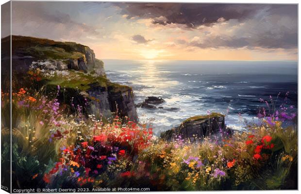 Sea cliffs and wildflowers at sunset 1 Canvas Print by Robert Deering