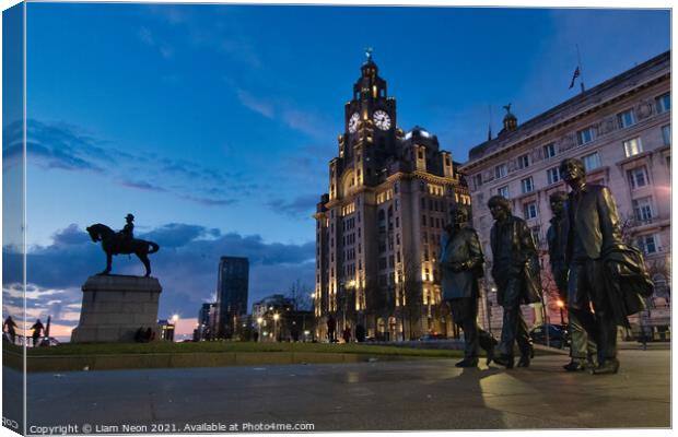 The Liverbirds at Twilight Canvas Print by Liam Neon