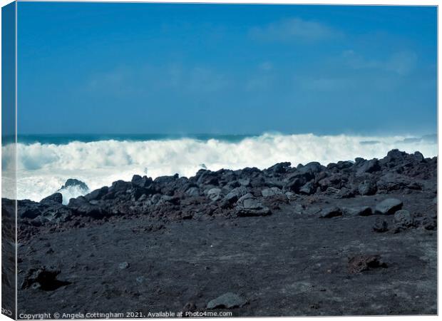 White Waves at El Golfo Canvas Print by Angela Cottingham