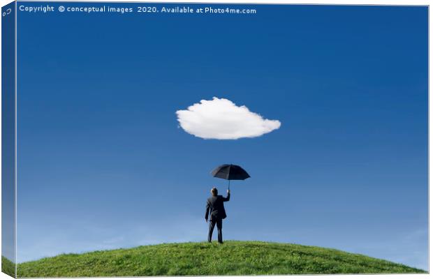 Businessman on a hill holding umbrella  Canvas Print by conceptual images
