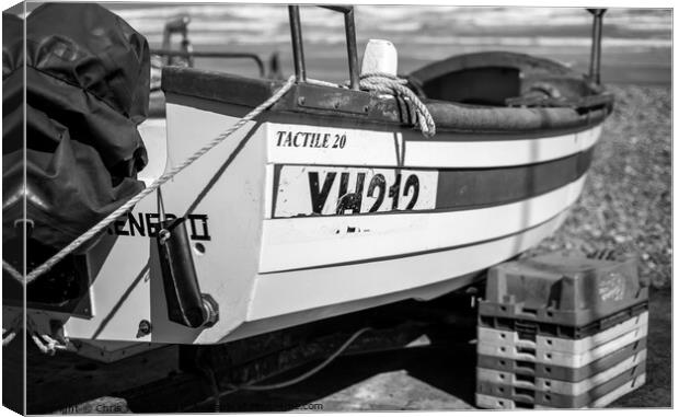 Close up of a fishing boat on Cromer beach in black and white Canvas Print by Chris Yaxley