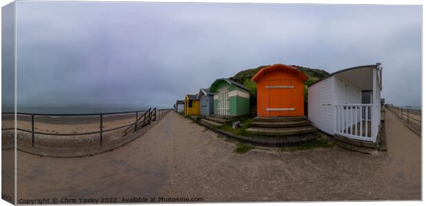 360 panorama of traditional beach huts on Cromer promenade, North Norfolk coast Canvas Print by Chris Yaxley