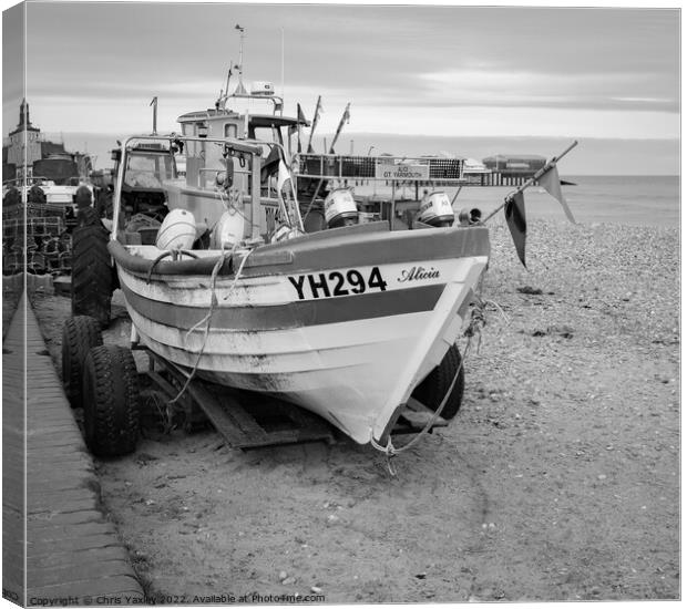 Traditional fishing boat on Cromer beach in black and white Canvas Print by Chris Yaxley