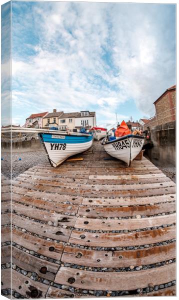 Fisheye view of fishing boats on a wooden slipway  Canvas Print by Chris Yaxley