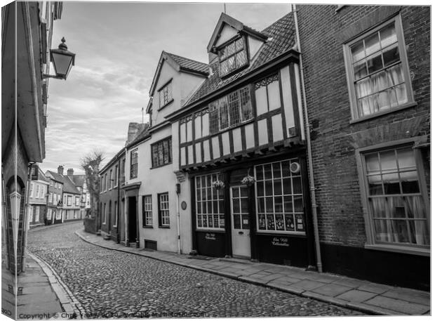 Elm Hill, the oldest street in Norwich bw Canvas Print by Chris Yaxley
