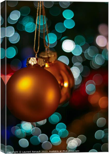 Gold Christmas bauble balls decoration ornament hanging from Chr Canvas Print by Laurent Renault