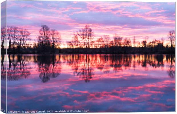 Nightscape at Adour French river in blazing red sunset. Photogra Canvas Print by Laurent Renault