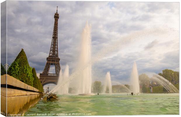 Eiffel Tower viewed through the Trocadero Fountains in Paris Canvas Print by Laurent Renault