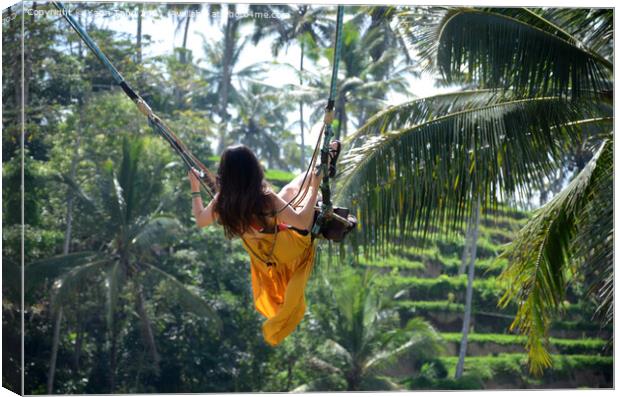 Young woman swinging in the jungle rainforest of Bali, Indonesia Canvas Print by Yann Tang