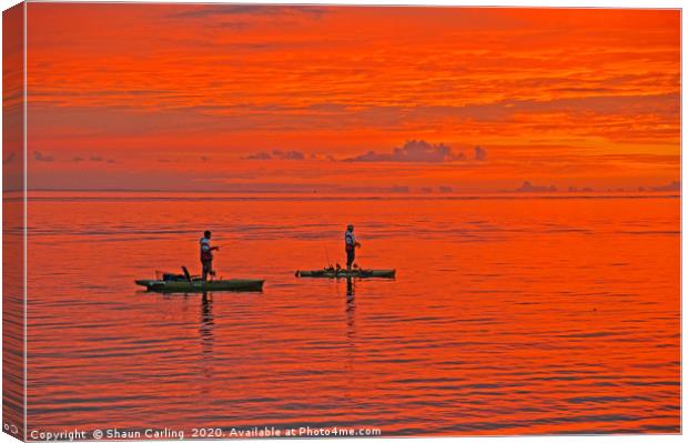 Kayak Anglers At Sunrise Canvas Print by Shaun Carling