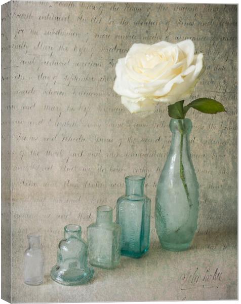 Vintage bottles with white rose Canvas Print by Eileen Wilkinson ARPS EFIAP