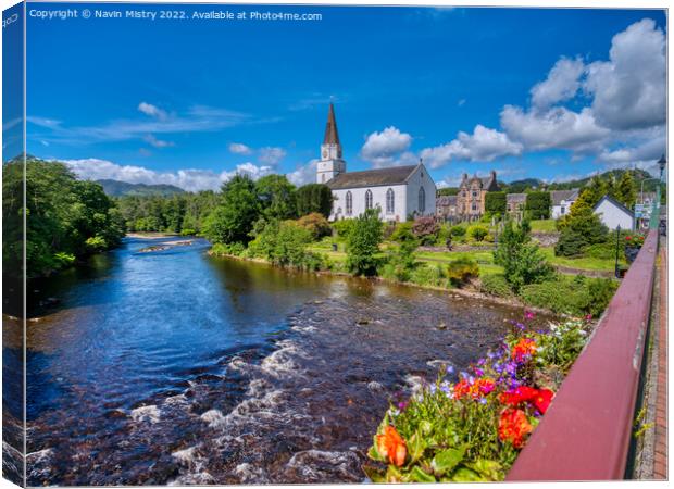 Comrie White Church and the River Earn, Perthshire Canvas Print by Navin Mistry