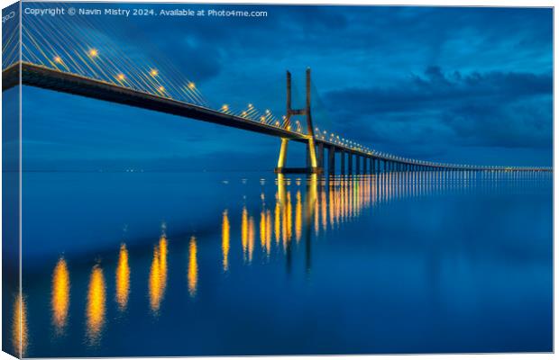 Blue Hour, Vasco da Gama Bridge, Lisbon, Portugal  Canvas Print by Navin Mistry