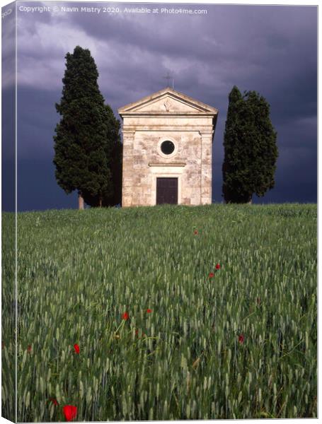 Capella di Vitaleta Tuscan chapel Val D Orcia in a summer thunder storm Canvas Print by Navin Mistry