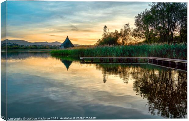 Sunset over the Crannog, Llangorse Lake Canvas Print by Gordon Maclaren