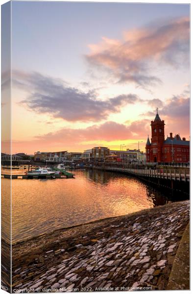 Sunset over Cardiff Bay and the Pierhead Building Canvas Print by Gordon Maclaren