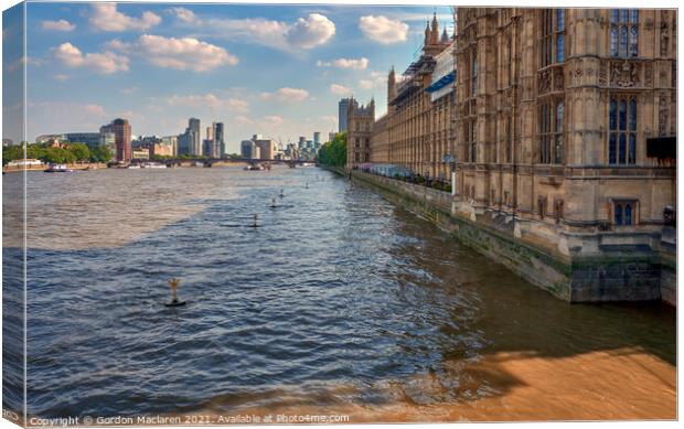 The River Thames London flowing past the Palace of Westminster Canvas Print by Gordon Maclaren