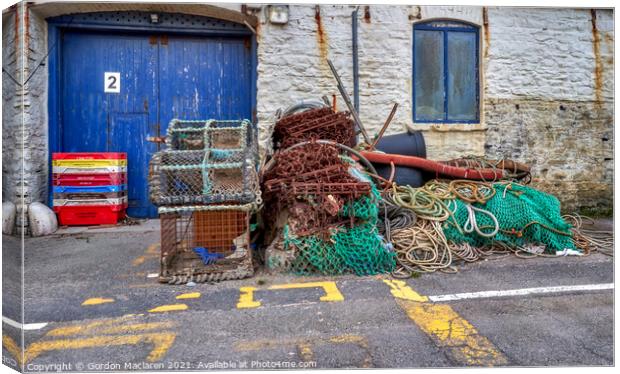 Lobster Pots and fishing tackle, Aberystwyth Harbour Canvas Print by Gordon Maclaren