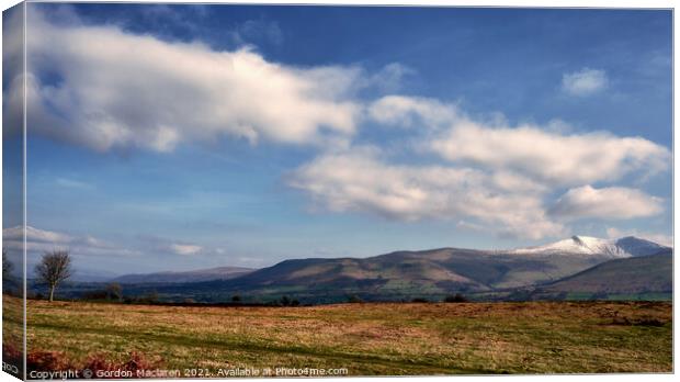 Snow on Pen y fan and Corn Du from Mynydd Illyyd Canvas Print by Gordon Maclaren