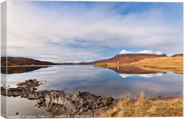 Loch Assynt Reflections in Winter NC500 Scotland. Canvas Print by Barbara Jones