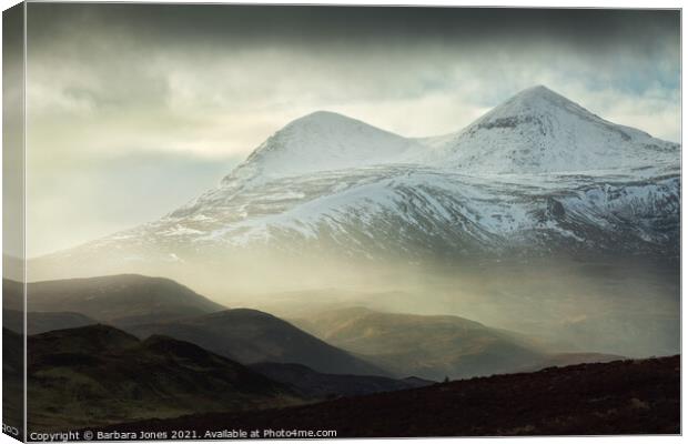 Cul Mor Snowstorm Elphin Assynt NC500 Scotland. Canvas Print by Barbara Jones
