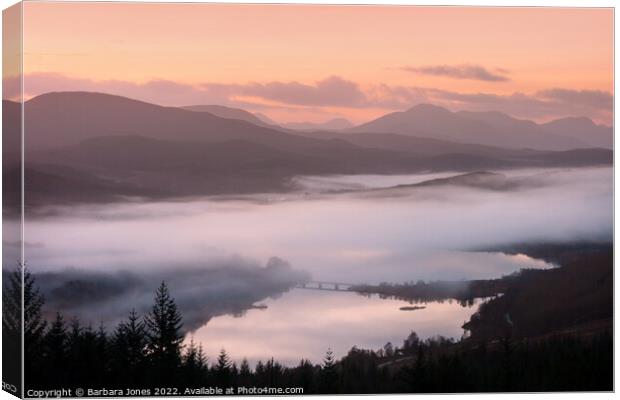 Loch Garry at Sunrise Scottish Highlands Canvas Print by Barbara Jones