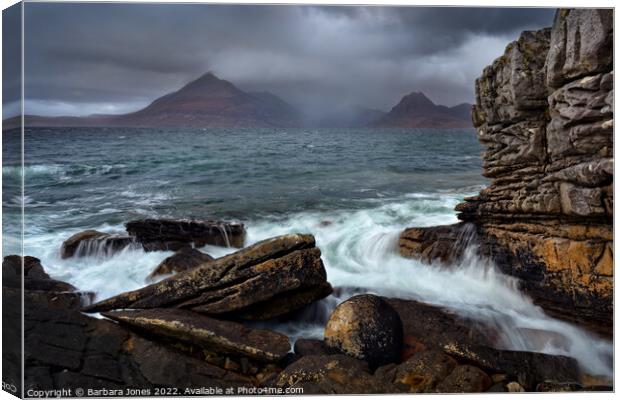 Elgol Beach Ball and Cuillins Loch Scavaig Scotlan Canvas Print by Barbara Jones