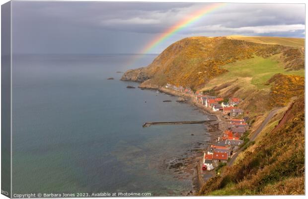 Crovie Fishing Village and Rainbow, Scotland. Canvas Print by Barbara Jones