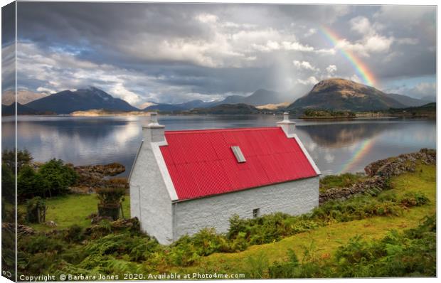 Red Roofed Cottage and Rainbow  Torridon Canvas Print by Barbara Jones