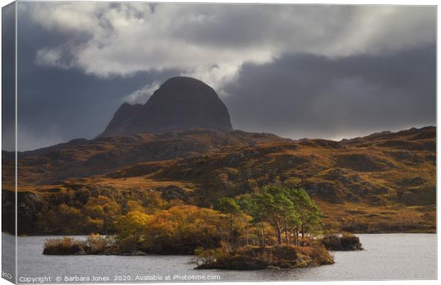 Suilven and Storm Clouds in Autumn  Assynt  Scotla Canvas Print by Barbara Jones