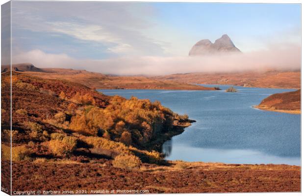 Suilven, Autumn Mists Cam Loch Assynt Scotland Canvas Print by Barbara Jones