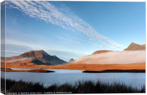 Knockan Rock Misty Mountains NW Geopark Scotland. Canvas Print by Barbara Jones