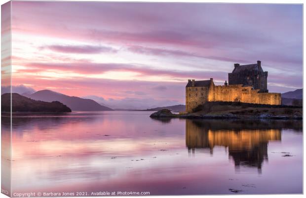 Eilean Donan Castle Sunset Loch Duich Scotland Canvas Print by Barbara Jones