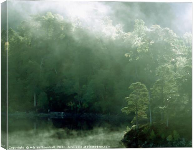 Morning mist on Loch Beinn a' Mheadhoin in Glen Af Canvas Print by Adrian Snowball