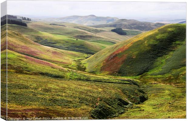 The Harthope valley from the Cheviot hills. Canvas Print by Paul Clifton