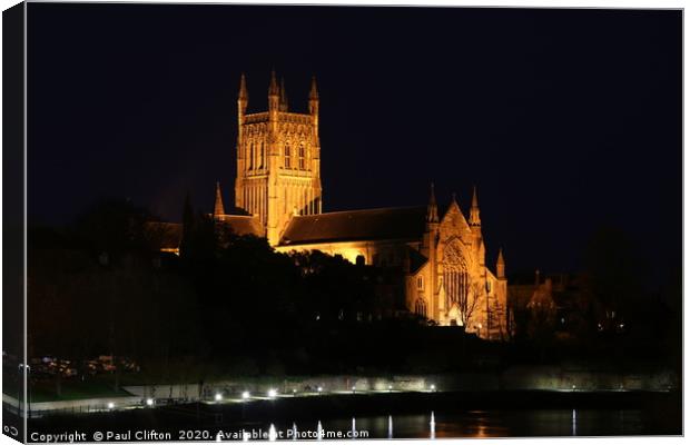 Worcester cathedral at night. Canvas Print by Paul Clifton
