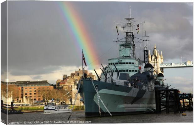 HMS Belfast fires a rainbow. Canvas Print by Paul Clifton
