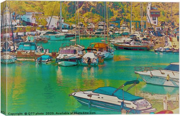 Illustration of a small port with yachts and ships Canvas Print by Q77 photo