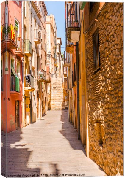 charming narrow street, street with colorful facades of buildings, vintage style Canvas Print by Q77 photo