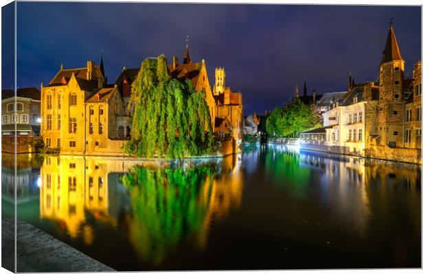 Night view of Historic City Center Brugge Canvas Print by Jordan Jelev