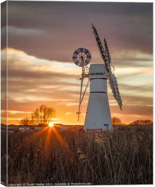 Thurne Mill Sunburst Sunset Norfolk Broads Canvas Print by David Powley